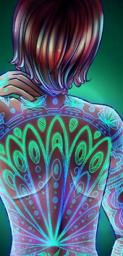 Colorful neon body art with intricate patterns glowing on a dark background.