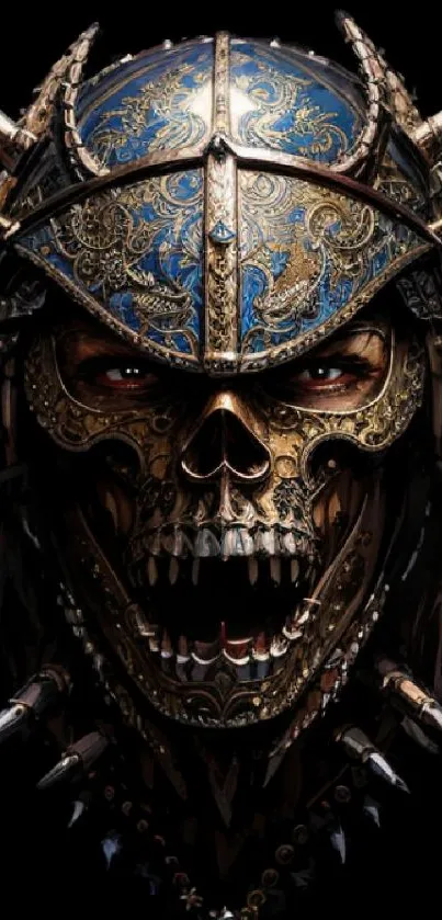 Ornate skull with a metallic blue helmet and intricate design on a dark background.