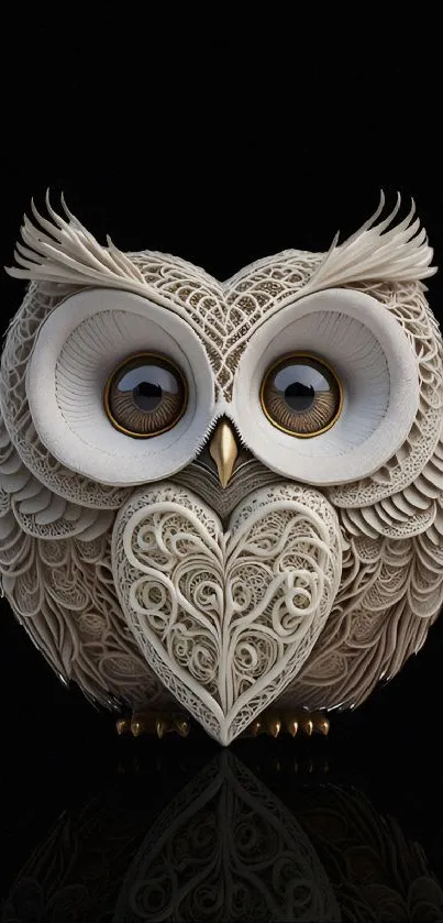 Intricate quilled owl on black background.