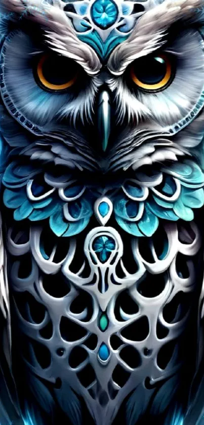 Intricate blue owl art wallpaper with detailed patterns.