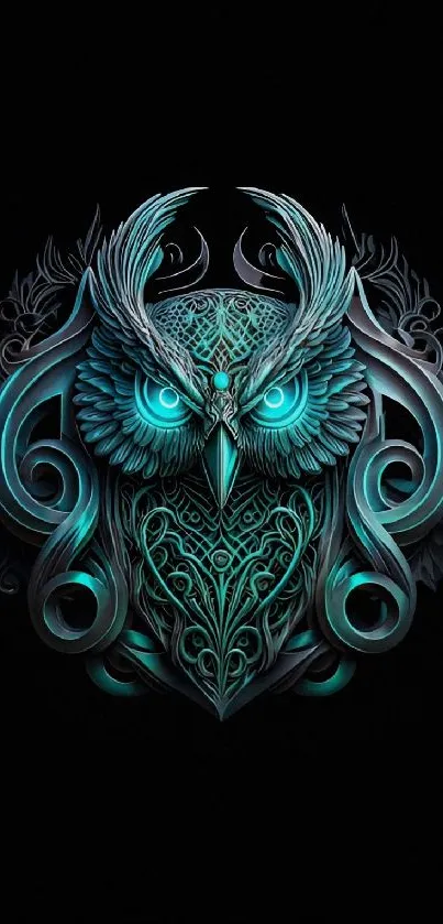 Intricate teal owl art on black background.