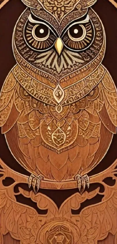 Intricate owl wood carving art wallpaper with detailed designs.