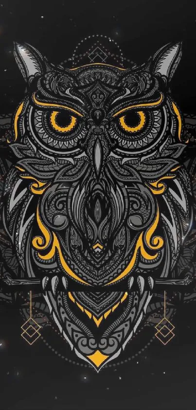 Intricate owl design on black wallpaper with orange highlights.