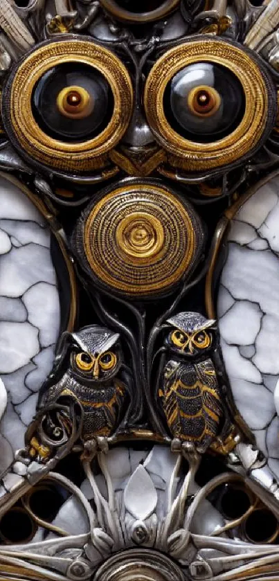 Intricate owl design with gold and silver accents on a mobile wallpaper.