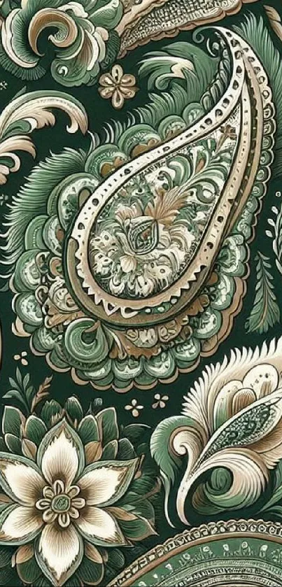 Intricate paisley and floral pattern wallpaper in green and beige hues.