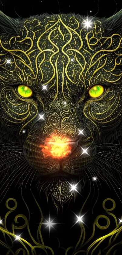 Intricate panther design with vivid yellow eyes on black background.