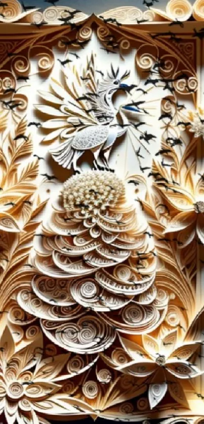 Intricate paper art design with bird and layered patterns in beige.