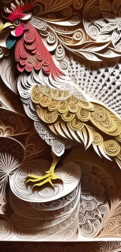 Intricate paper art rooster with vibrant colors.