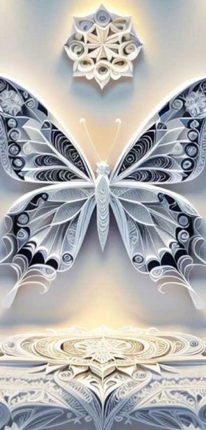 Intricate paper cut butterfly design on a light grey background.