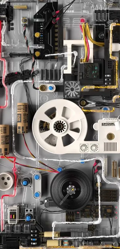 Intricate mobile phone circuit board design with components.