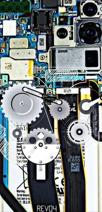 Close-up of a phone's intricate circuit design with gears and vibrant colors.