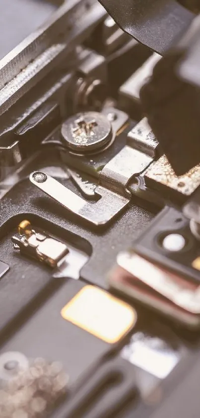 Close-up view of mobile phone circuitry in taupe tone.