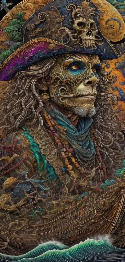 Intricate pirate skull artwork with vibrant colors and fantasy design.