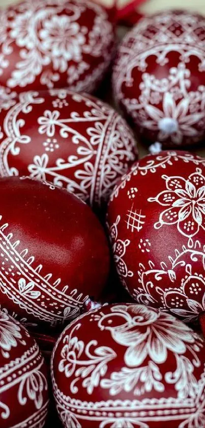 Intricately designed red Easter eggs arranged artistically for mobile wallpaper.