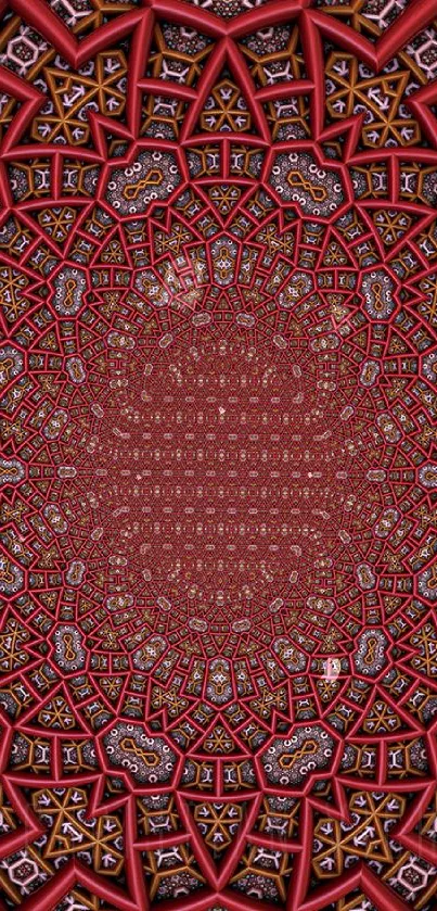 Intricate red geometric pattern wallpaper.