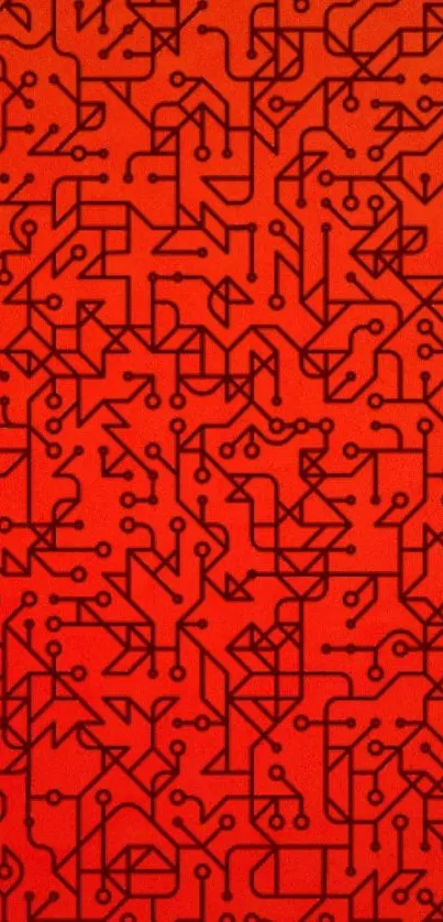 Intricate red geometric wallpaper with circuit-like patterns.