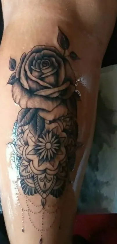 Black and white rose and mandala tattoo on leg.