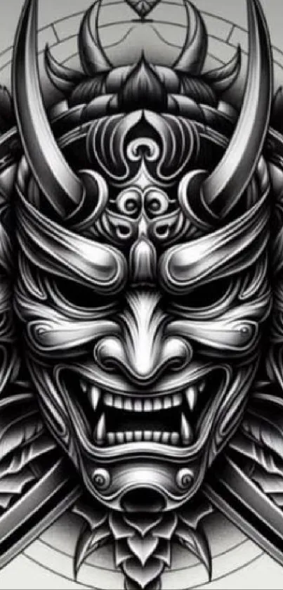 Intricate black and white samurai mask design with bold lines.