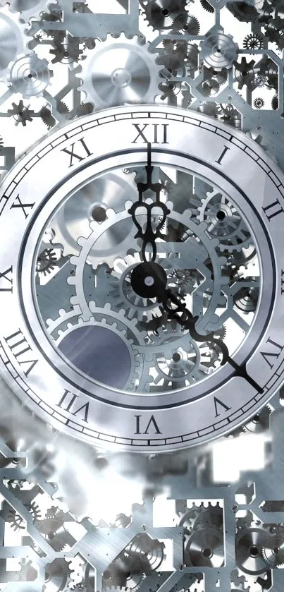 Intricate silver gears forming a clock face on a mobile wallpaper.