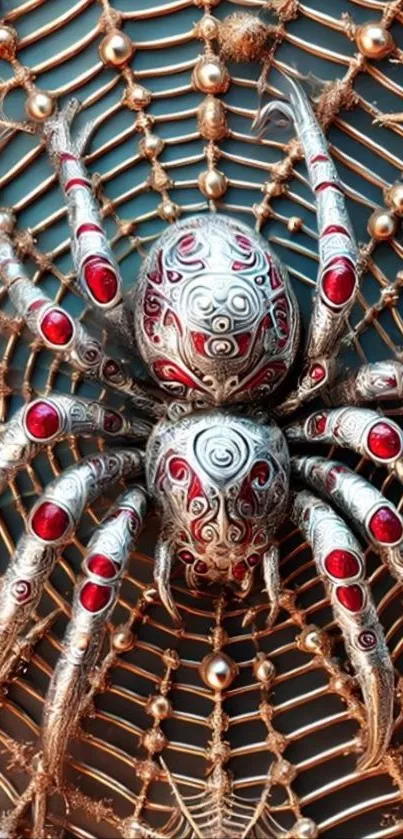 Intricate silver spider on a detailed web design.
