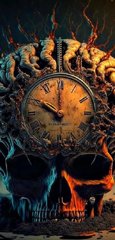 Dark skull and clock mobile wallpaper with intricate details.