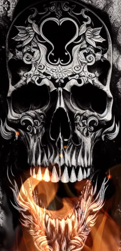 Intricate skull with fire mobile wallpaper.