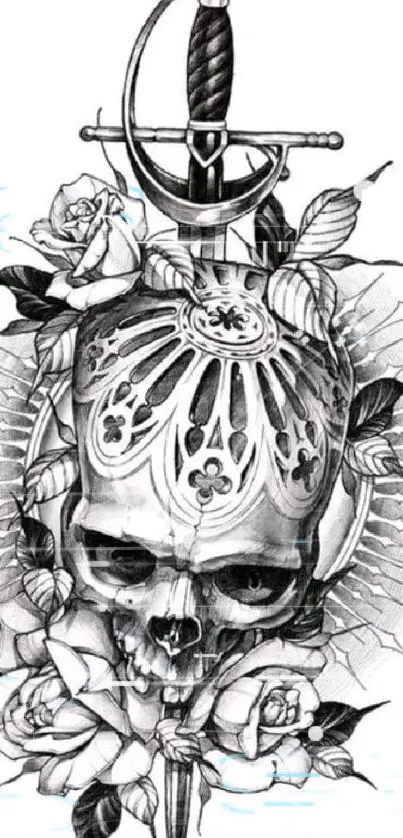 Intricate skull with sword and roses in black and white.