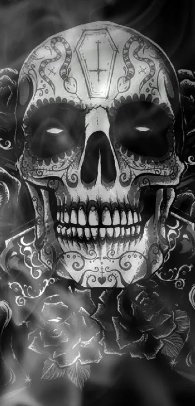 Intricate skull with roses on a dark background wallpaper.