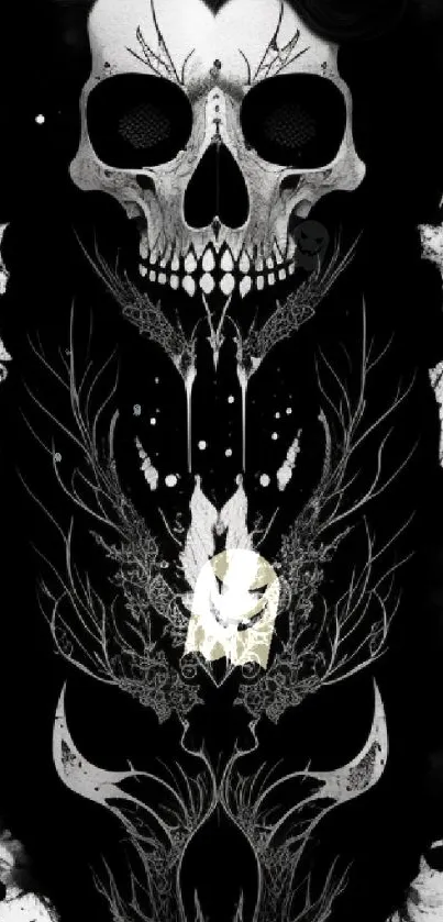 Intricate skull art with black and white design.