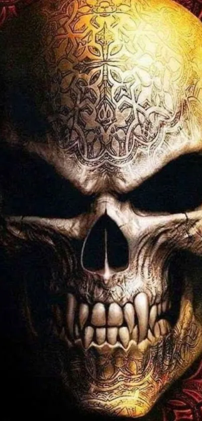 Intricately designed skull art wallpaper with rich dark hues.