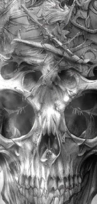 Intricate skull wallpaper with branches and guns in dark gray tones.