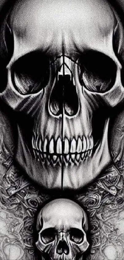 Intricate black and white skull art mobile wallpaper with detailed design.