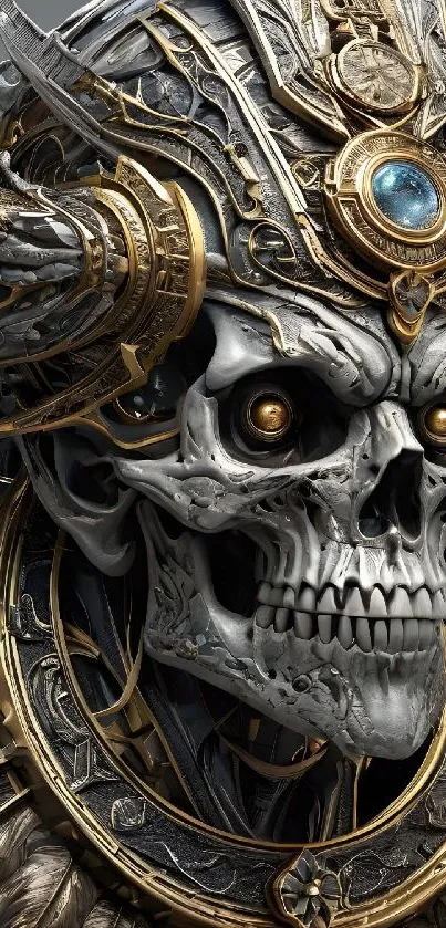 Intricate skull art with metallic and golden accents.