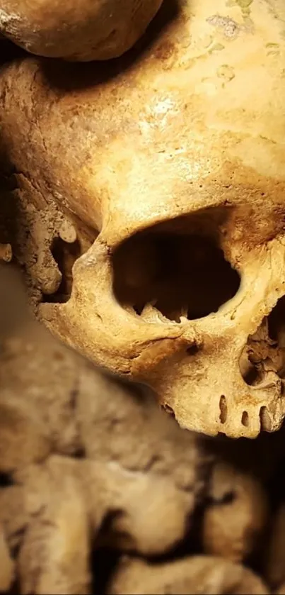 Close-up of intricate skull art with dark, textured design in brown hues.