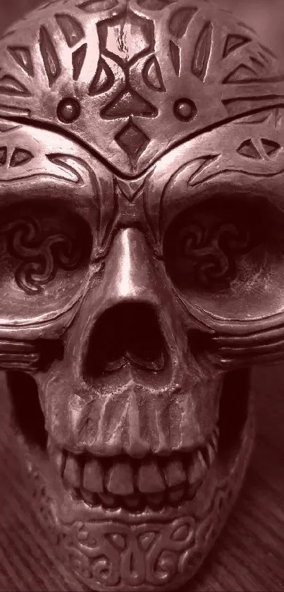 Intricate carved skull on dark theme background wallpaper.