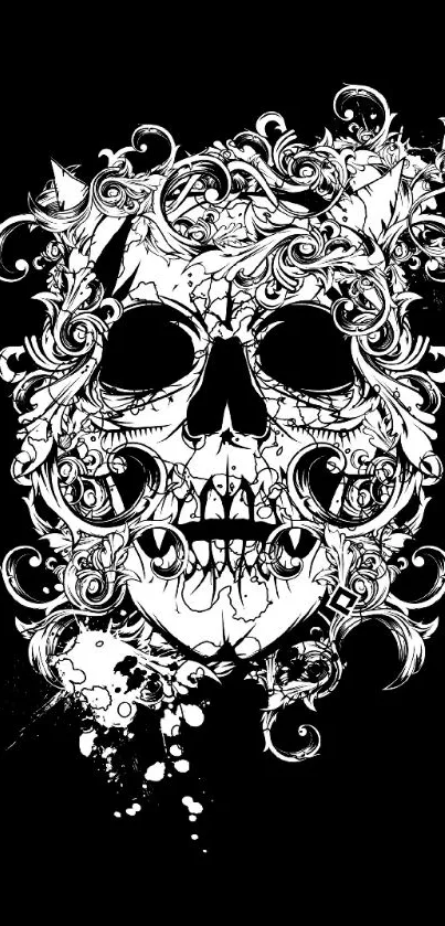 Intricate skull with floral designs on a black background wallpaper.