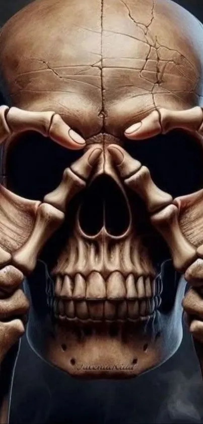 Intricate artwork of a skull with bones on a phone wallpaper.