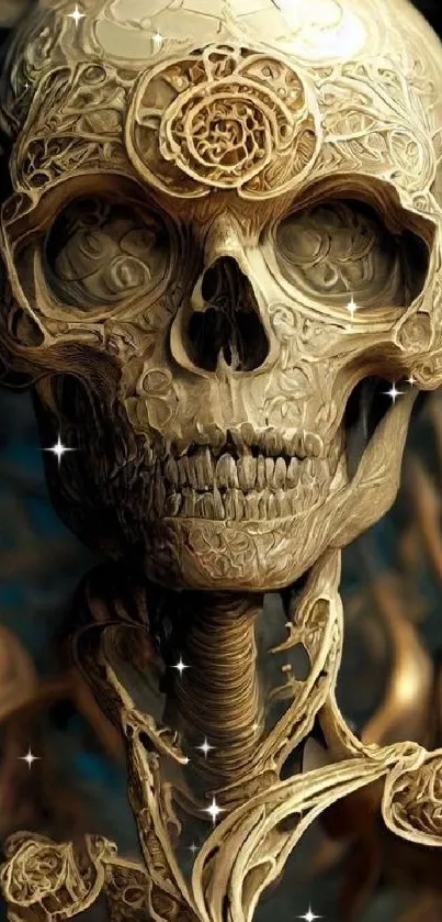 Intricate ornate skull artwork mobile wallpaper in beige tones.