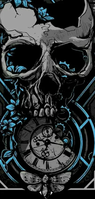 Intricate skull art wallpaper with blue accents and a clock design on black background.