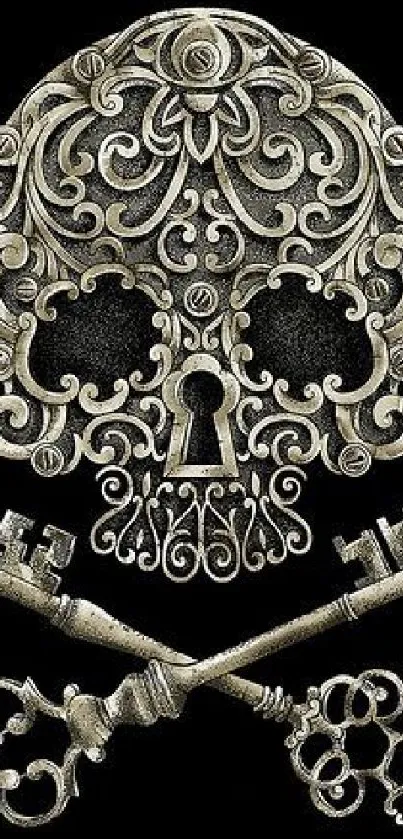 Intricate skull with keys on a black background wallpaper.