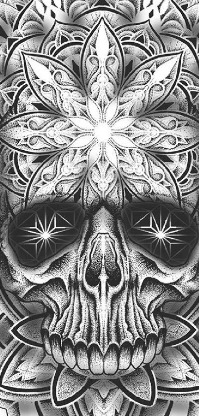 Intricate monochrome skull design wallpaper.