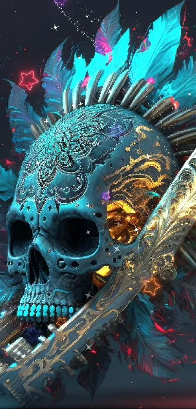 Artistic skull with vibrant feathers and a detailed sword design.