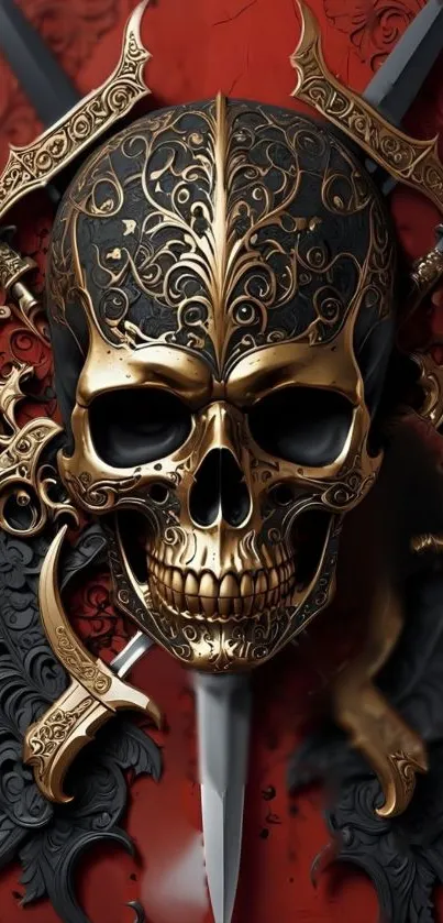 Ornate skull with gothic decorative elements on a red background.