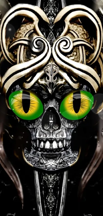 Intricate skull with green eyes in metallic design wallpaper.