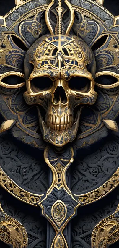 Intricate gold and black skull design wallpaper for phones.