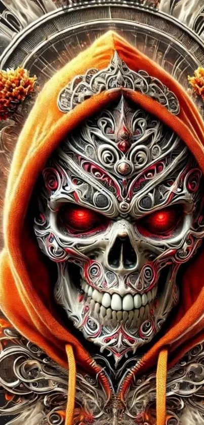 Intricate skull in hooded orange cloak with red eyes, detailed artwork.