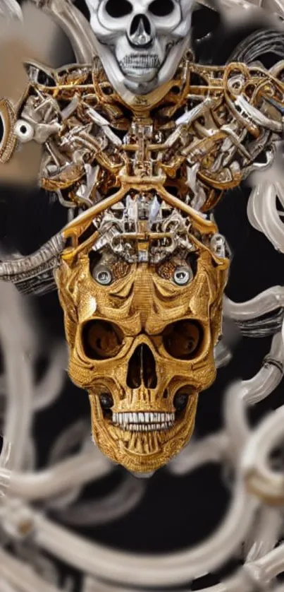 Gold skull with mechanical details on dark background.