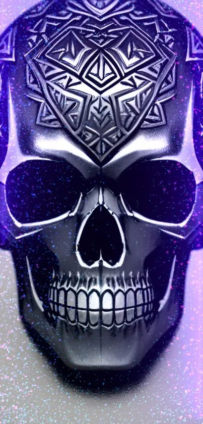 Intricate skull design with mystical purple glow on mobile wallpaper.