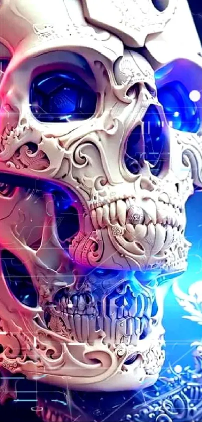 Intricate skull with glowing blue elements.