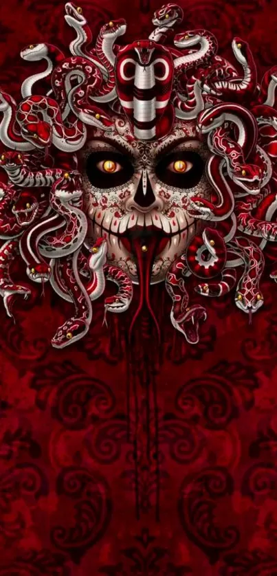 Gothic skull with snakes on dark red background.